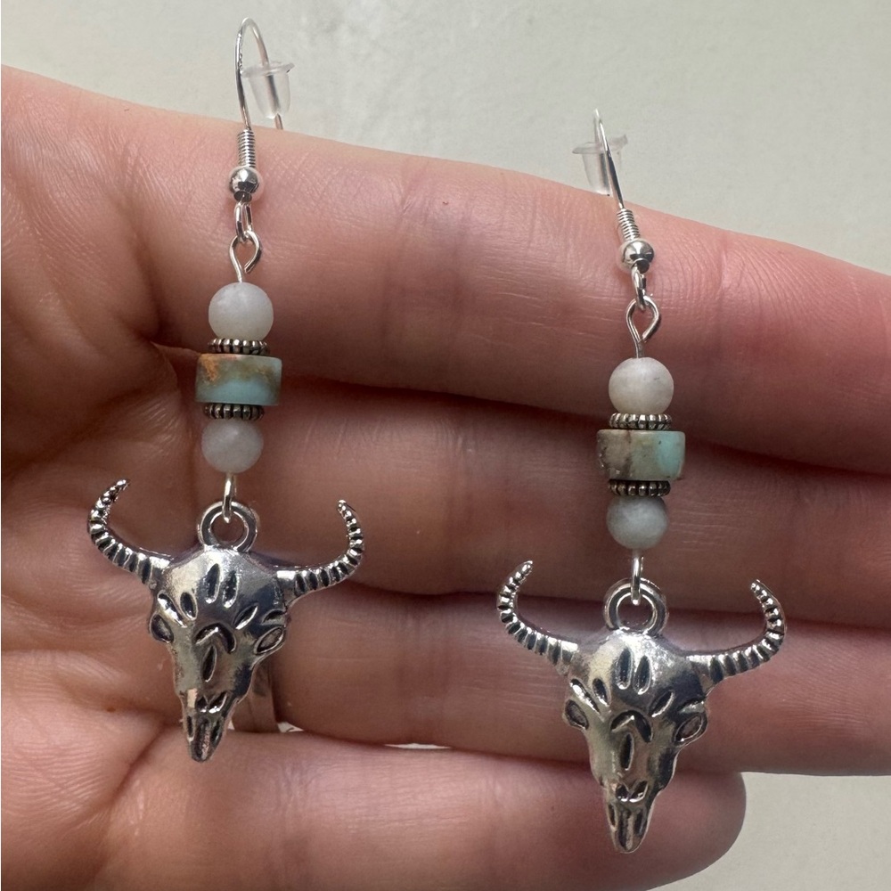 Silver Bull Skull Earrings with Beaded Accents